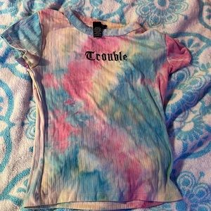 Tie-dye shirt that says trouble